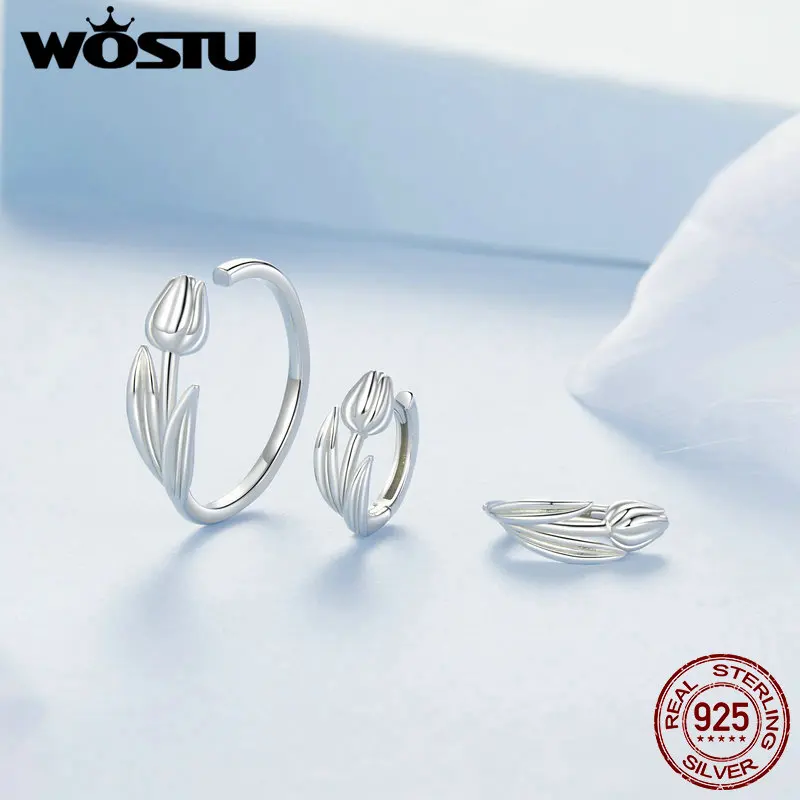 WOSTU Hot Sell 925 Sterling Silver Tulip Earrings Opening Ring Set Spinel Ear Studs for Women Fine Jewelry Party Date Daily Gift 3