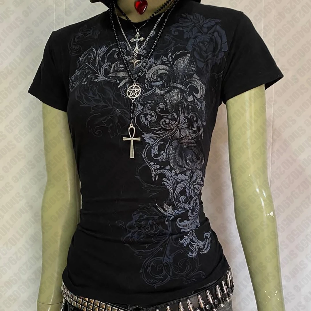 Womens Gothic Cross Graphic Shirt S-XL Black Y2K Emo Grunge Baby