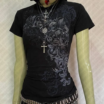 Y2k Style Clothes Graphic Tee Print Baby Tees Slim Crop Tops Streetwear Aesthetic Vintage Goth Short Sleeve Emo Girl 2000s Tops 1