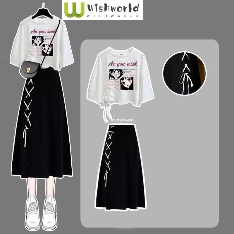 Drawstring Pleated Cartoon Printed Short Sleeved T-shirt Tops Woven Skirt Two-piece Elegant Women's Skirt Set Student Outfits woven together