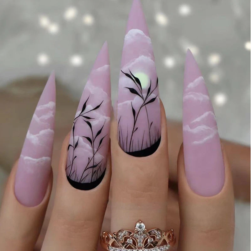 Uñas postizas de Stiletto largo con diseño de nubes y Luna para Halloween, uñas  acrílicas de colores morados, 24 piezas, decoración| | - AliExpress