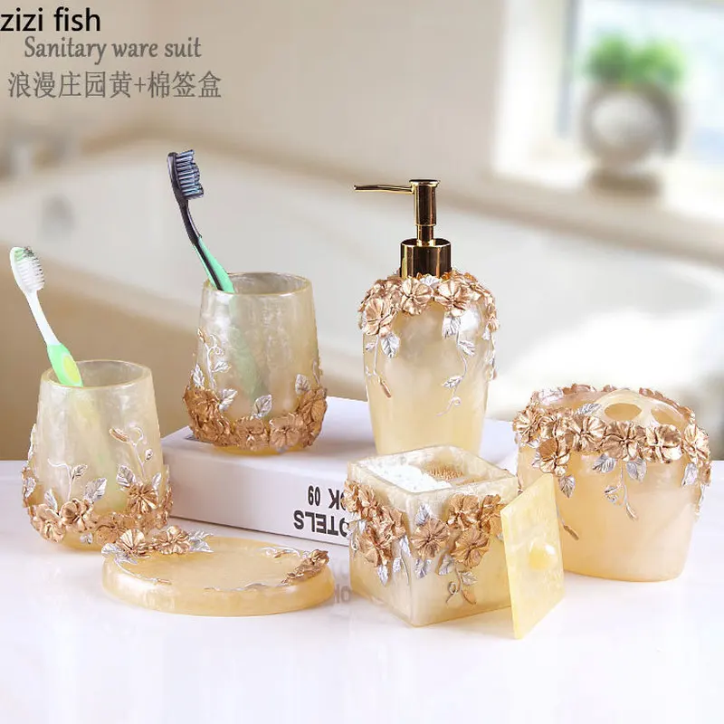 Fashion Bathroom Supplies Resin Five-piece Washbasin European Bathroom Supplies Toothpaste Storage Box Tissue Box bathroom accessories