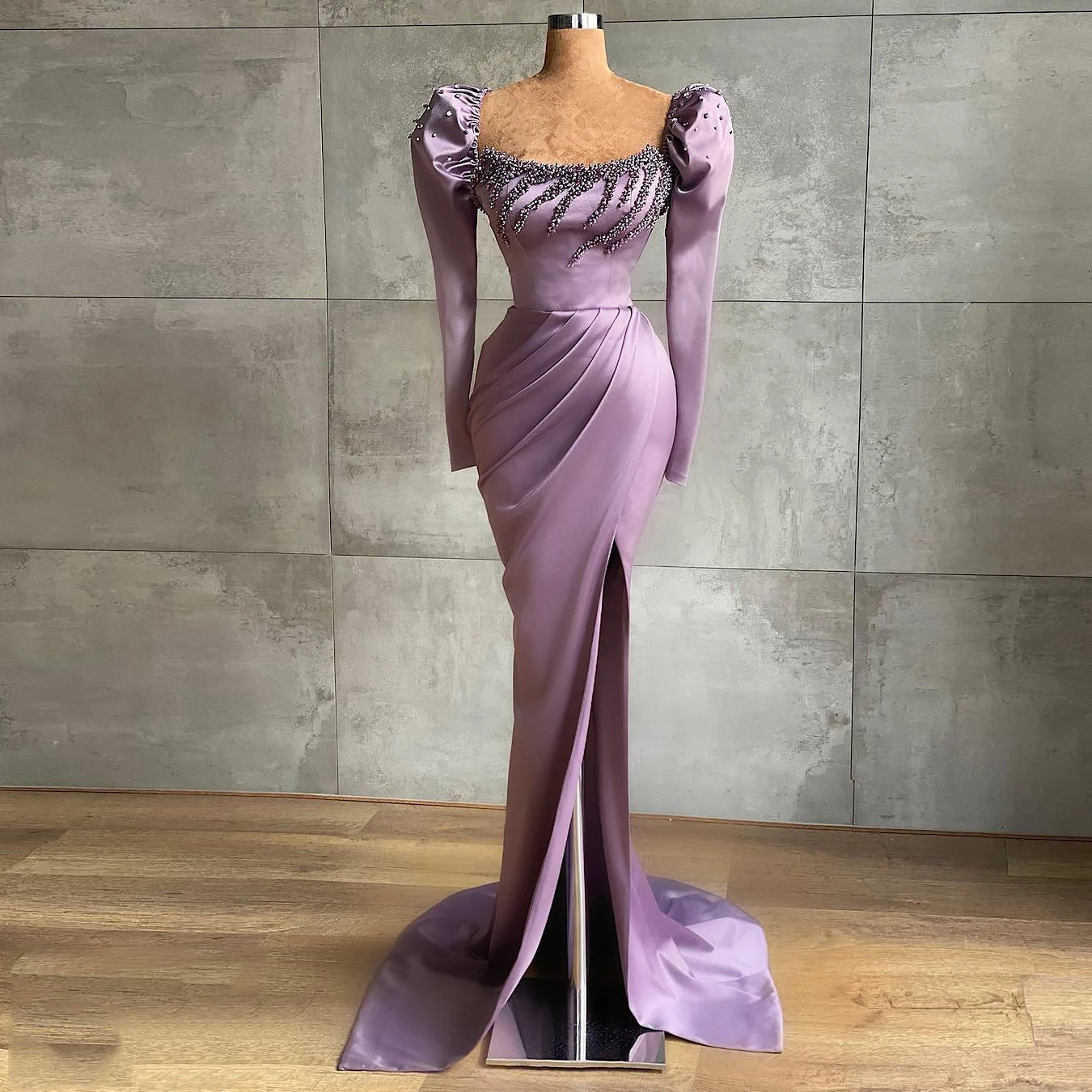 

Stylish Purple Pearls Evening Dresses Square Neck Side Split Prom Gowns Custom Made Mermaid Long Sleeves Beaded Party Dresses