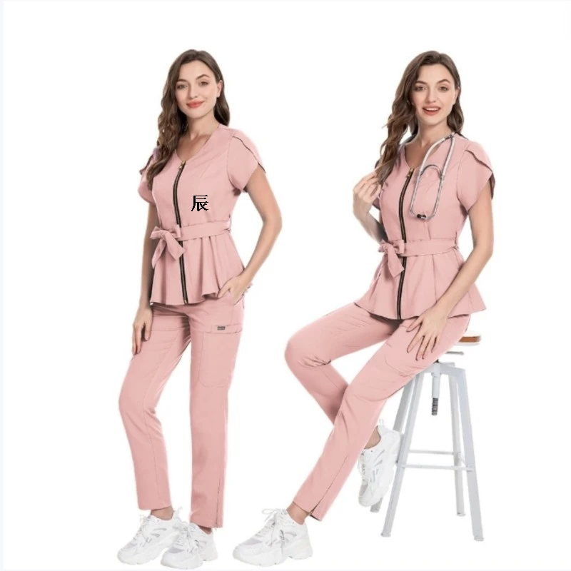 

New Slim Tie waist scrub set Women zipper Nurse uniform doctor surgical suit Dental clinic beauty salon workwear Medical Uniform