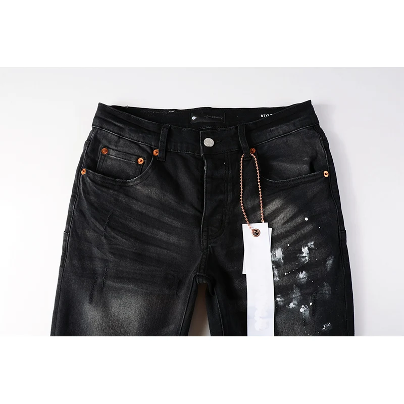 Ripped jeans Ripped patchwork jeans American Fashion Style High Street Black Distressed Damaged Holes Skinny Graffiti Ripped Jeans