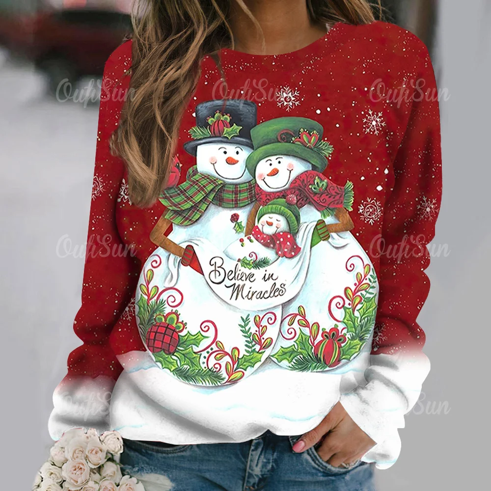 

Autumn Long Sleeve Round Neck Tops Merry Christmas Snowman Print Sweatshirt Women T-Shirts Pullover Tee Casual Female Streetwear