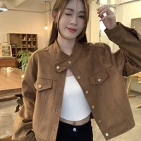 Sli ort Loose Korean Sle Jaet Women's Autumn Winter Faionable Fake Suede Outerwear Stand Collar Coat for Ladies