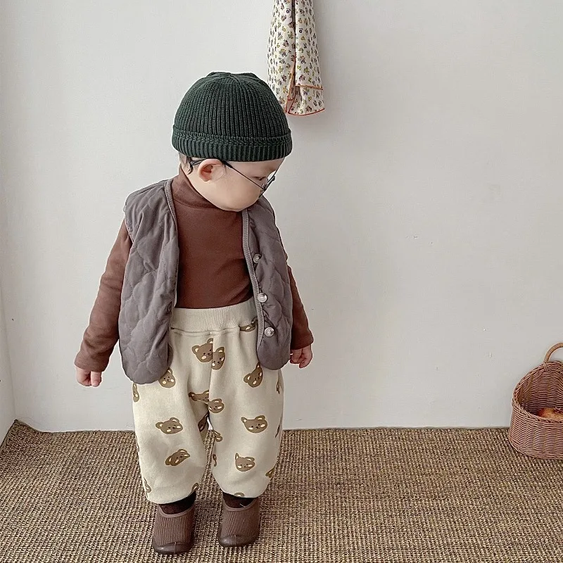 한국 스타일  가을 겨울 누빔 조끼 회색 베이지 브이넥 민소매 따뜻한 코트 남아 여아 따뜻한 조끼 D2152