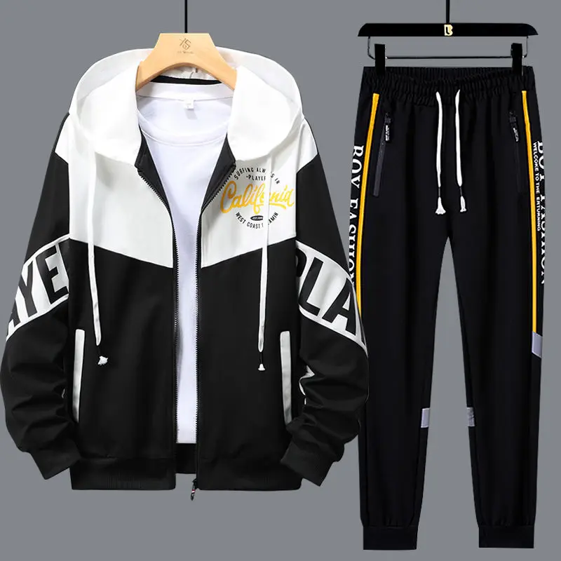 Add Fleece Thick Cardigan Solid Color Hoodie Pants Suit Men Trend Youth Men's Autumn and Winter Leisure Fashion Sportswear Suit