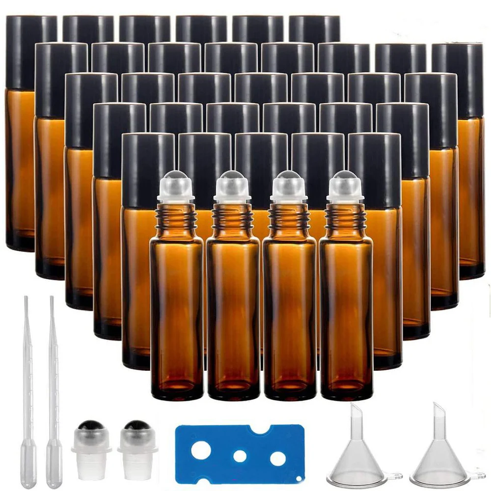 

36 Pack 10ml Amber Roller Ball Bottle for Essential Oils with Stainless Steel Roller Balls, Openers, Droppers, Funnels