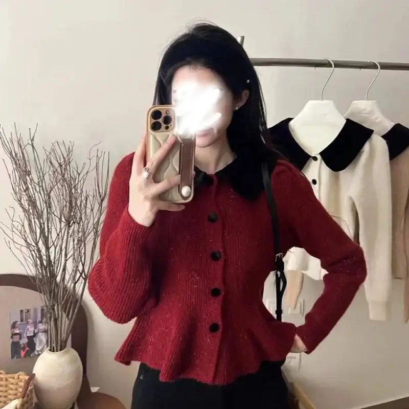 

Hsa Red sweater women's new winter velvet Polo collar knitted cardigan short petite style long-sleeved top
