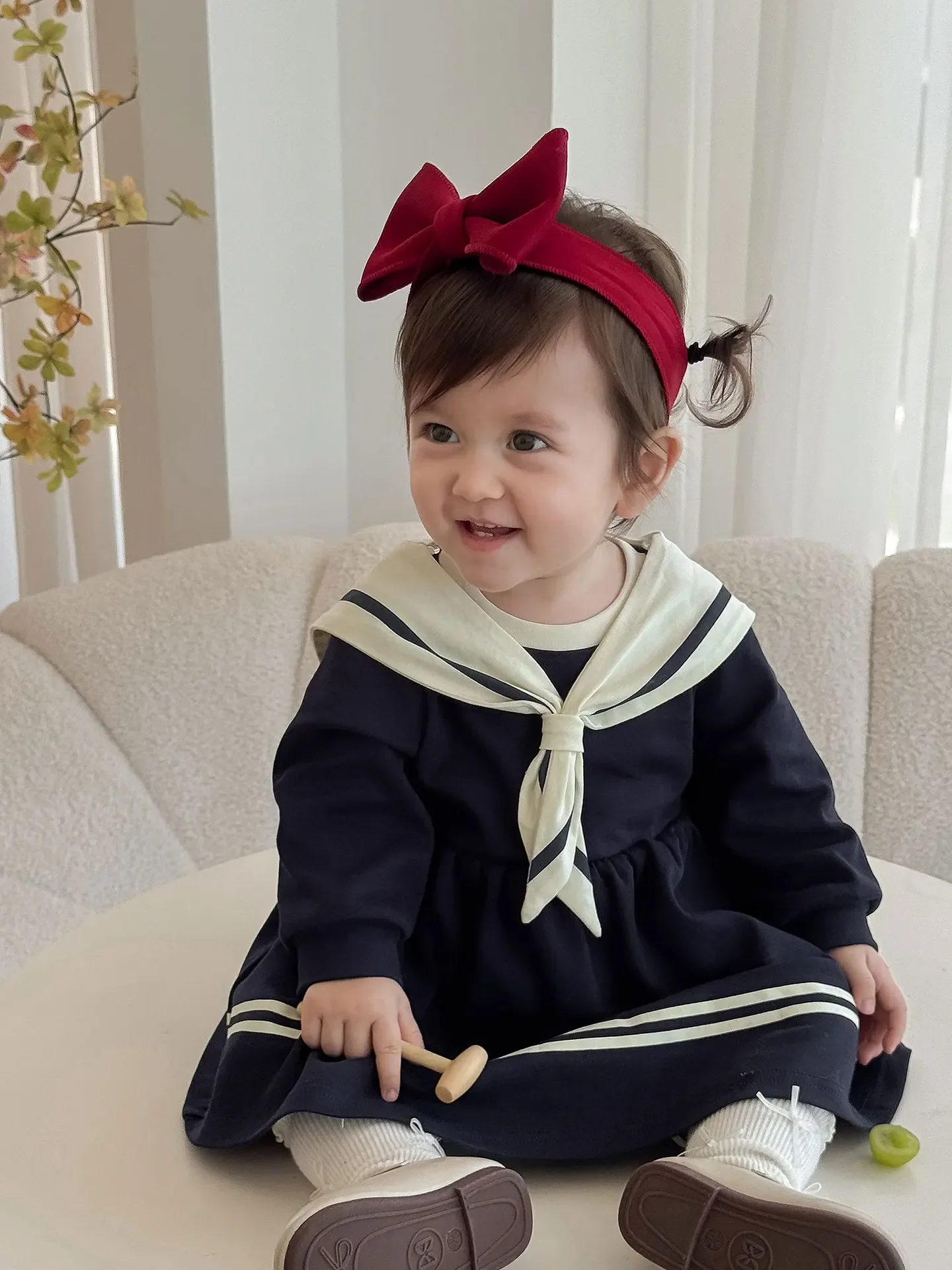 Spring Autumn Nautical Sailor Collar 0-5Y Girl Dress with Cartoon Cat Back Long Sleeve Navy Blue Toddler Preppy Dress