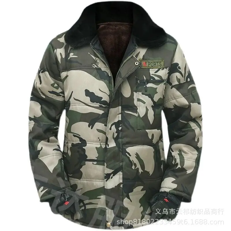 Winter Cotton-padded Men with Velvet Thickened Camo Cotton-padded Clothing Cold Resistant Warm Cold Storage Work Cotton Coatcoat
