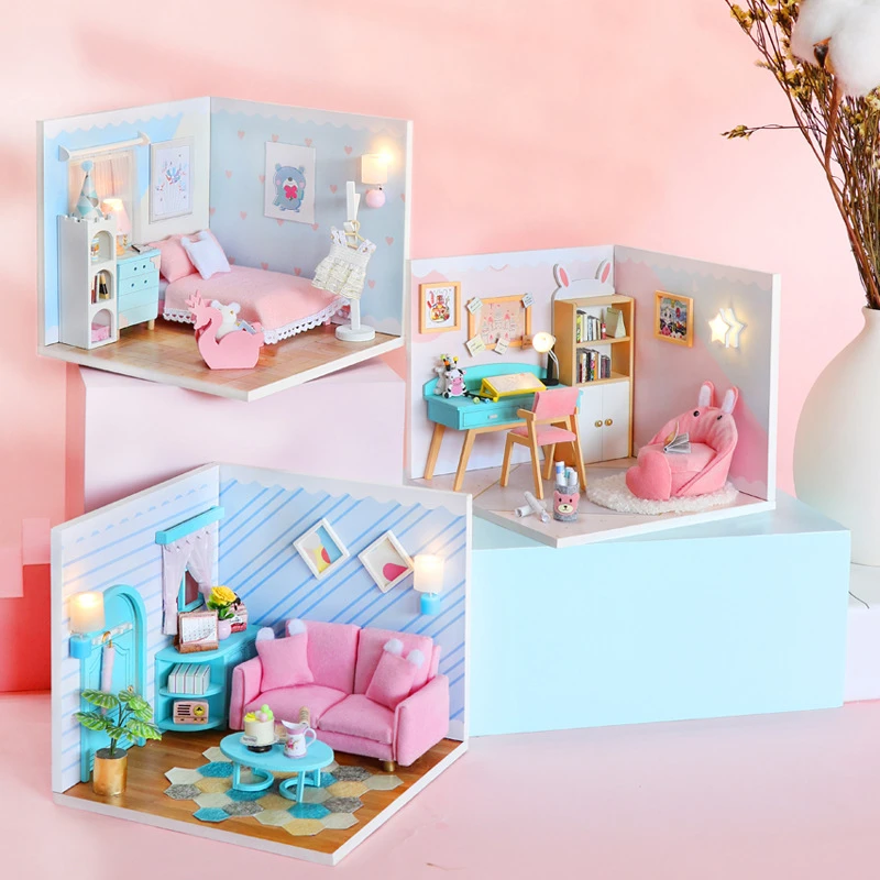 DIY 나무 미니어처 모델 키트 공주 침실 카사 3D 퍼즐 인형 집 가구 룸박스 홈 장식 친구 크리스마스 선물