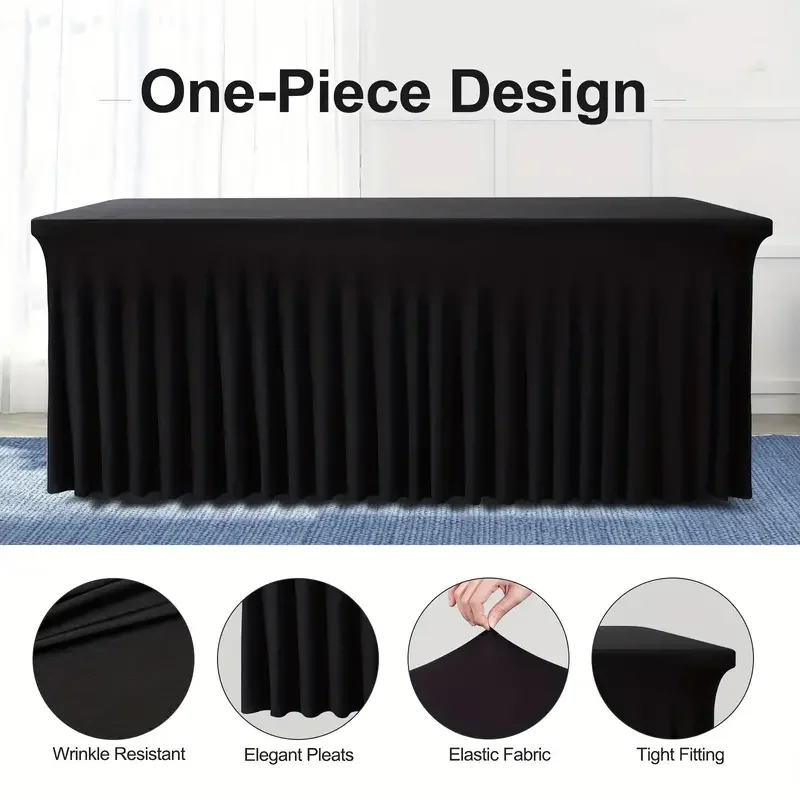 6ft, Rectangle Table Skirts, Polyester Fitted Table Covers, Black Table Cloth For 6 Ft Table With Skirt,Spandex Table Cover 2