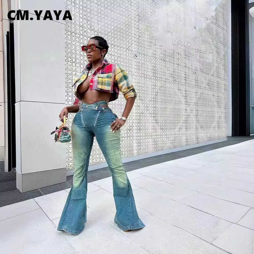 CM.YAYA 2024 단추 여성용 데님 스키니 팬츠, 레트로 찢어진 청바지, 플레어 팬츠, 레이디 캐주얼 벨 하의 바지