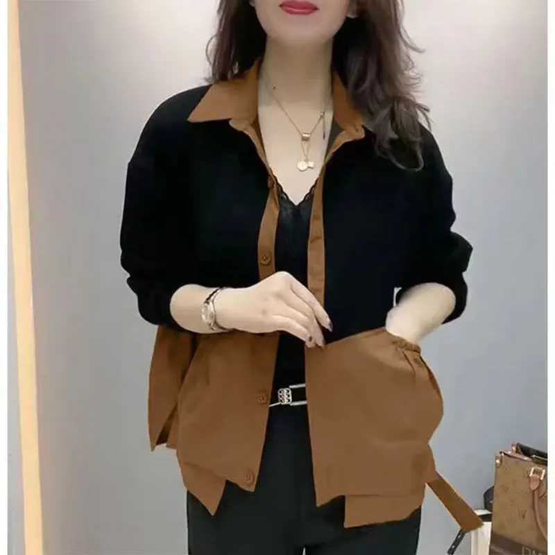 Elegant Fashion Harajuku Slim Fit Female Clothes Loose Casual All Match Outerwear Patchwork Button Cardigan Long Sleeve Tops