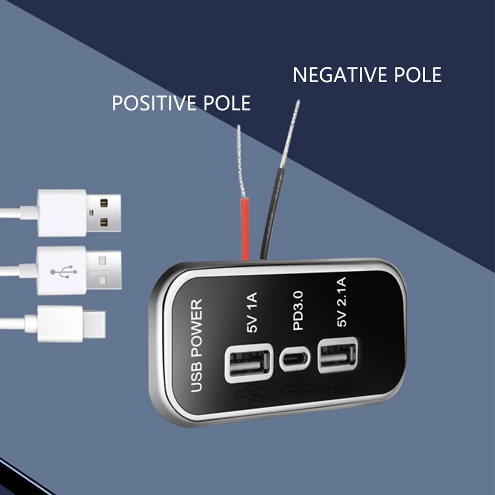 12/24V 18W PD Type C 2.1A 1A USB 3 Slots Car Charger Socket for Motorcycle  Auto Truck Boat RV Bus 3 Charging Ports Power Adapter