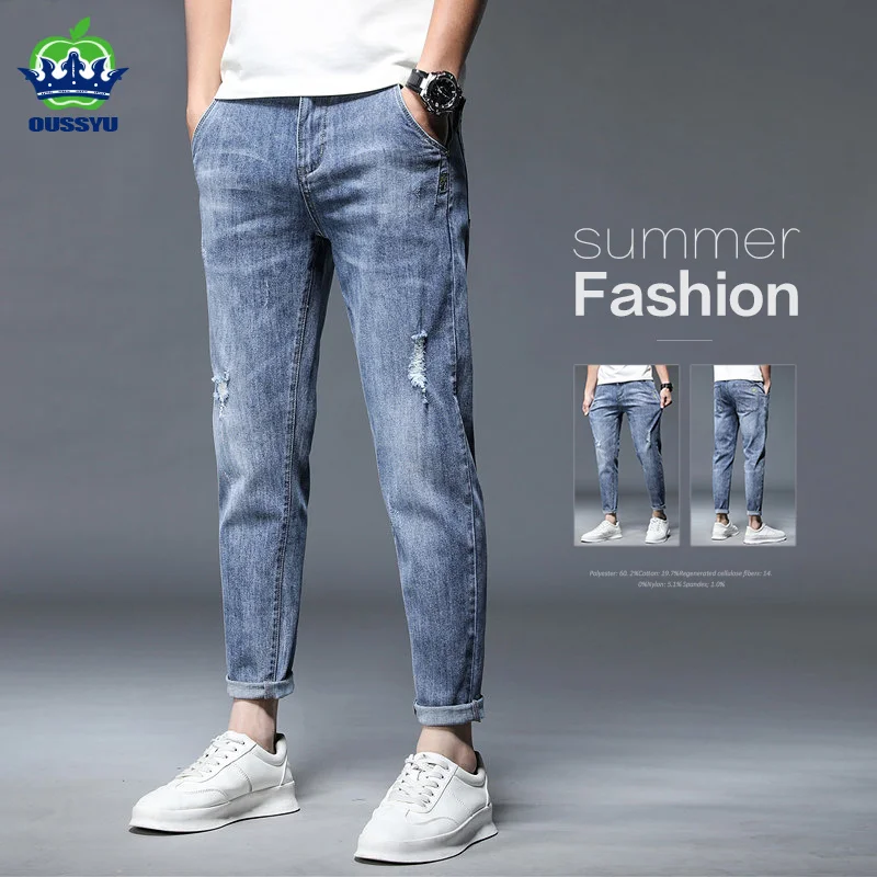 

High Quality Brand Summer Stretch Cotton Hole Men's Ankle Length Jeans Thin Streetwear Design Denim Pants Korea Casual Trousers