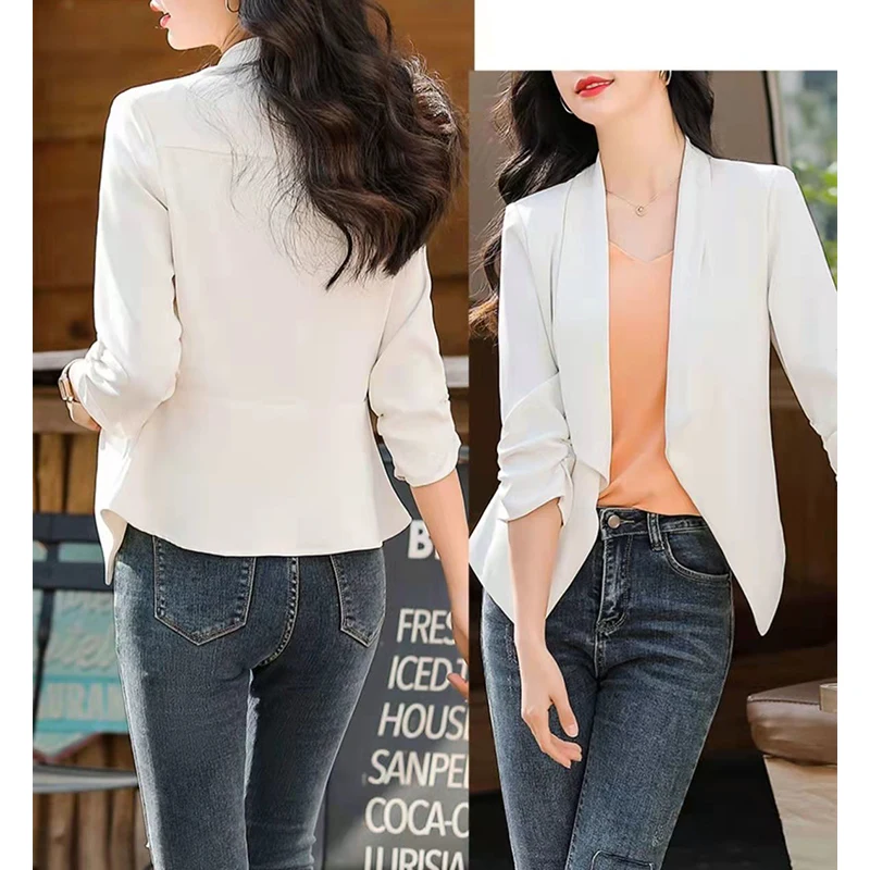 Spring Summer Korean Fashion Elegant 3/4 Sleeve Blazers Top Ladies Slim Shirring Solid Color Casual Suit Coat Women's Clothing