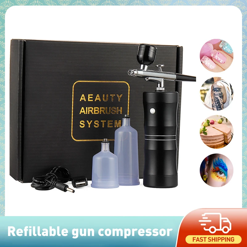 Mini Air Compressor Kit 0.3mm Air-Brush Paint Spray Gun Airbrush For Nail Art Tattoo Craft Cake Nano Fog Mist Sprayer