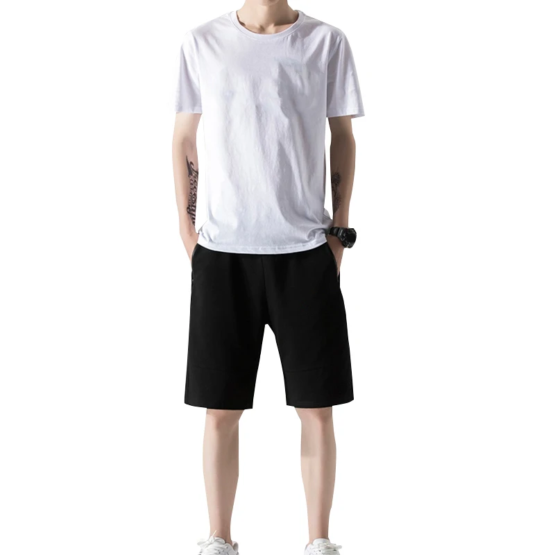 Pullover Sweatshirt Shorts Set Men's Summer Casual Outfit Set O-Neck Short Sleeve T-Shirt with Elastic Drawstring Waist Wide Leg