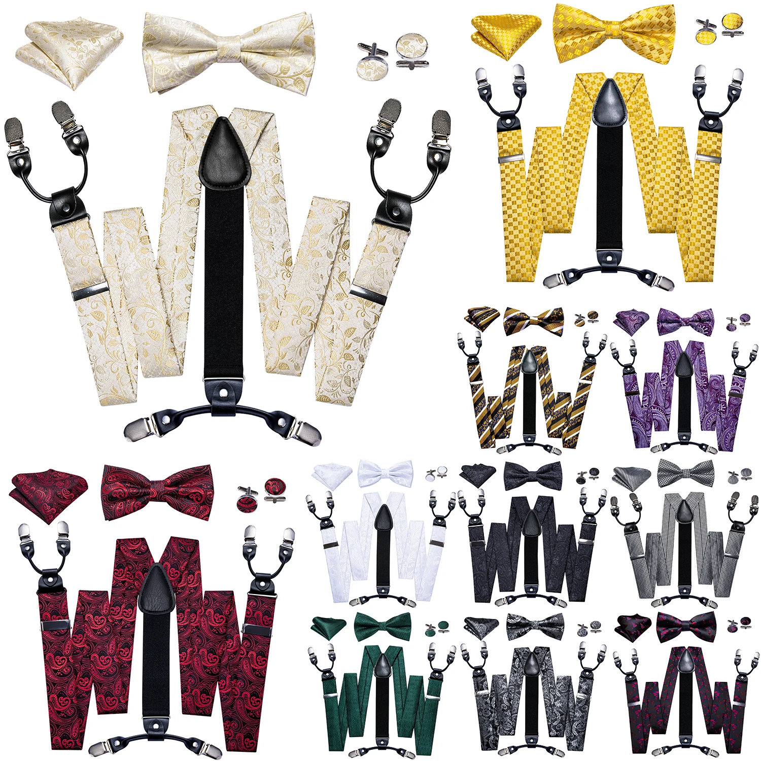 

Barry.Wang Designer Silk Mens Suspender 60 Colours Adjustable 6 Clips Y Back Jacquard Braces Bowtie Handkerchief Cufflinks Set