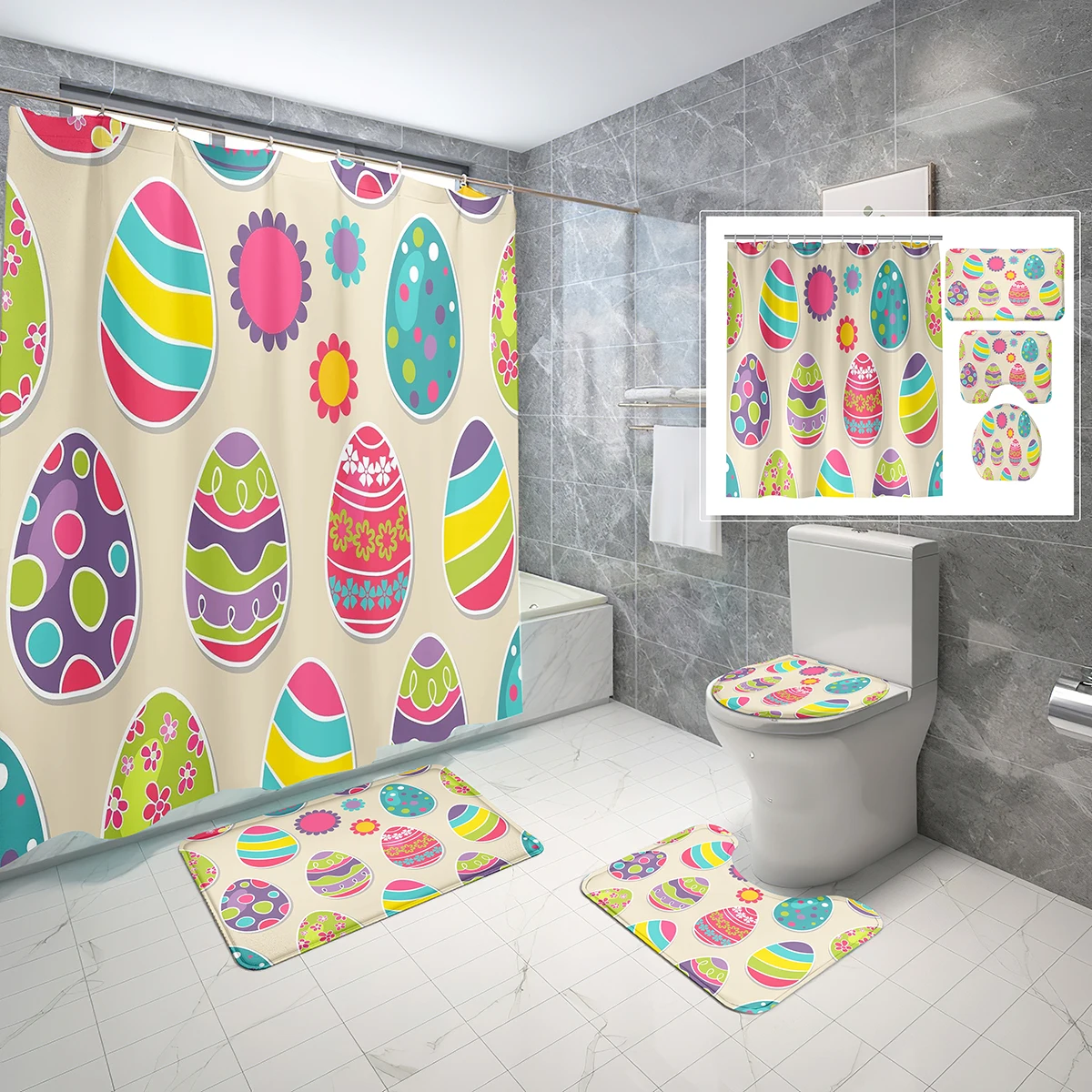 

4 PCS Easter Shower Curtain Sets,Funny Easter Colorful Eggs Bathroom Waterproof Bath Curtain,Non-Slip Bath Mat Toilet Cover Set