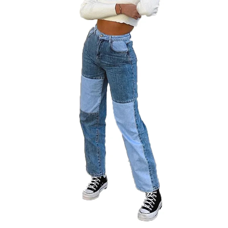 

TAFN High Waist Patchwork Straight Jean for Women Sping Casual Loose Denim Pants Ladies Vintage Boyfriend Mom Jeans Trousers