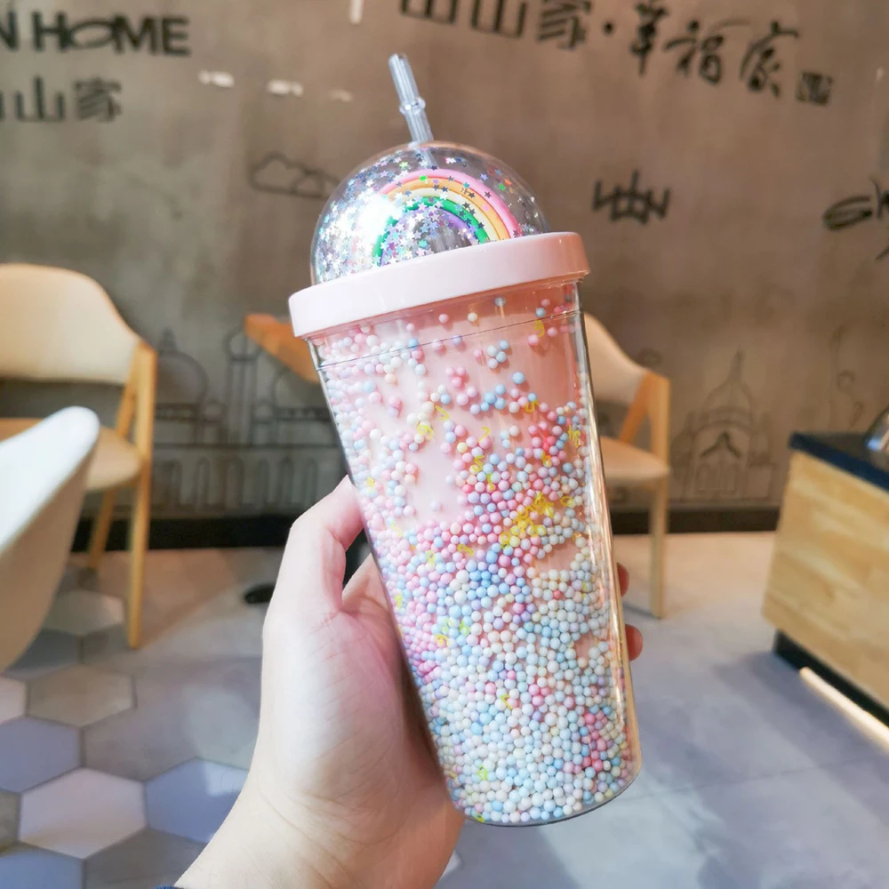 550ml Kawaii Cute Drinkware Rainbow Foam Straw Cup Girl Home Office Water  Bottle Plastic Double Layer With Straw Girl gifts - AliExpress