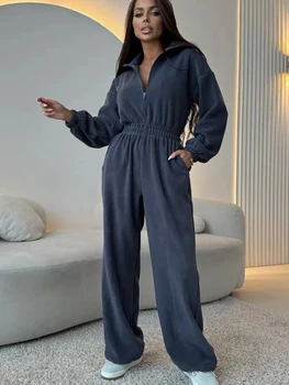 FSMG Casual Long Sleeve Half-Zip Sports Jumpsuits Women's Solid Loose Lapel Elastic Waist Tracksuits Comfy One-Piece Lounge Set 1