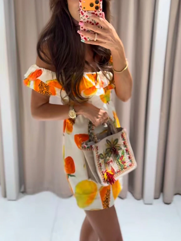 TFMLN Mini Abito Elegante da Donna con Stampa Frutta Chic, Scollo a Barca, Schiena Scoperta, Vestito Aderente a Strati, Stile Estivo Streetwear Bodycon - immagine 3