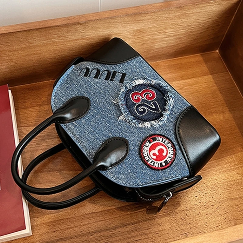 Women Shoulder Crossbody Bag Embroidery Appliques Denims Handbag with Top Handle E74B