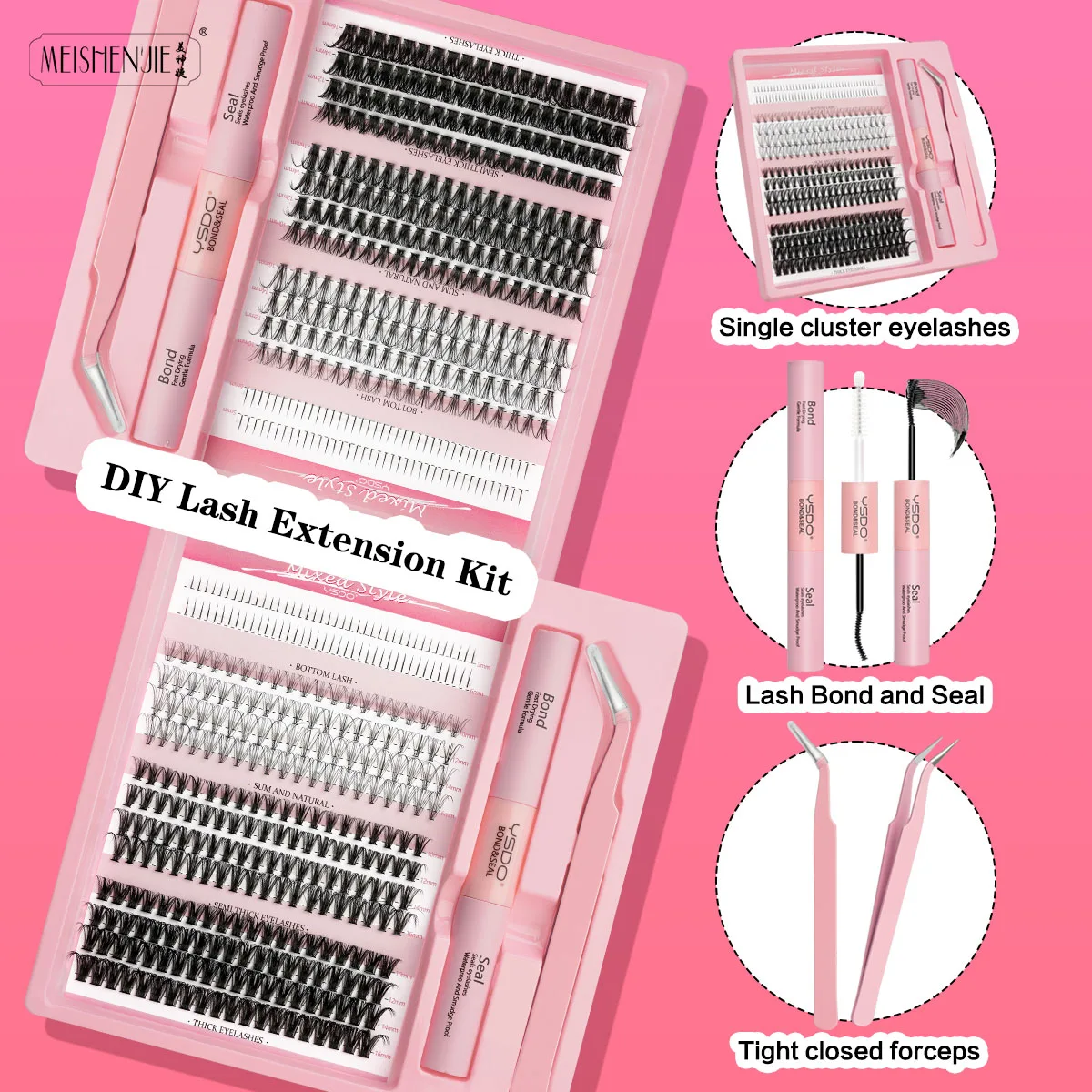 MEISHENJIE DIY Cluster Lashes 14 Rows Natural Long Individual Eyelashes Extension Kit with Glue and Tweezer Makeup maquillaje