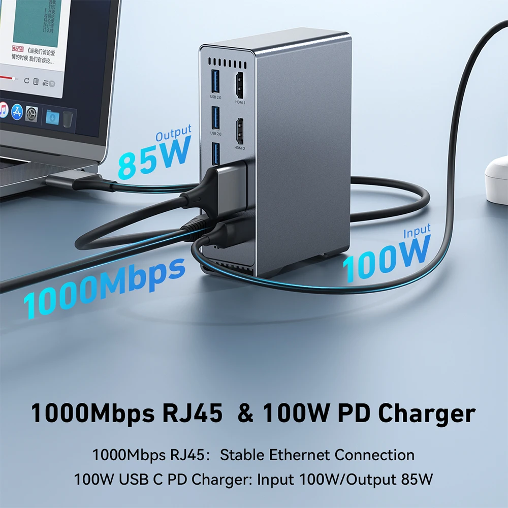 RayCue USB C 도킹 스테이션, 듀얼 HDMI 호환, 4K USB 3.2, 2 세대 이더넷, 100W PD USB 허브, SD/TF, 맥북 프로 M1 M2 프로용