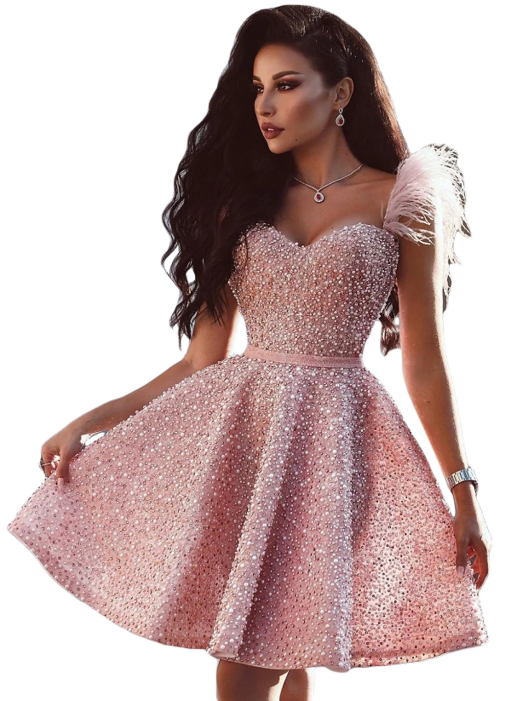 Luxury Pink Beaded Evening Dresses For Women 2024 Sweetheart With Feathers Formal Occasion Cocktail Wedding Prom Party Gowns