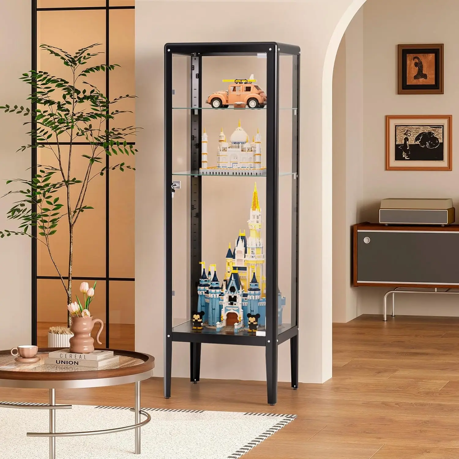 Glass Display Cabinet with LED Light, Adjustable 3-Shelf Shelves, Curio Cabinets Metal Storage Display Case