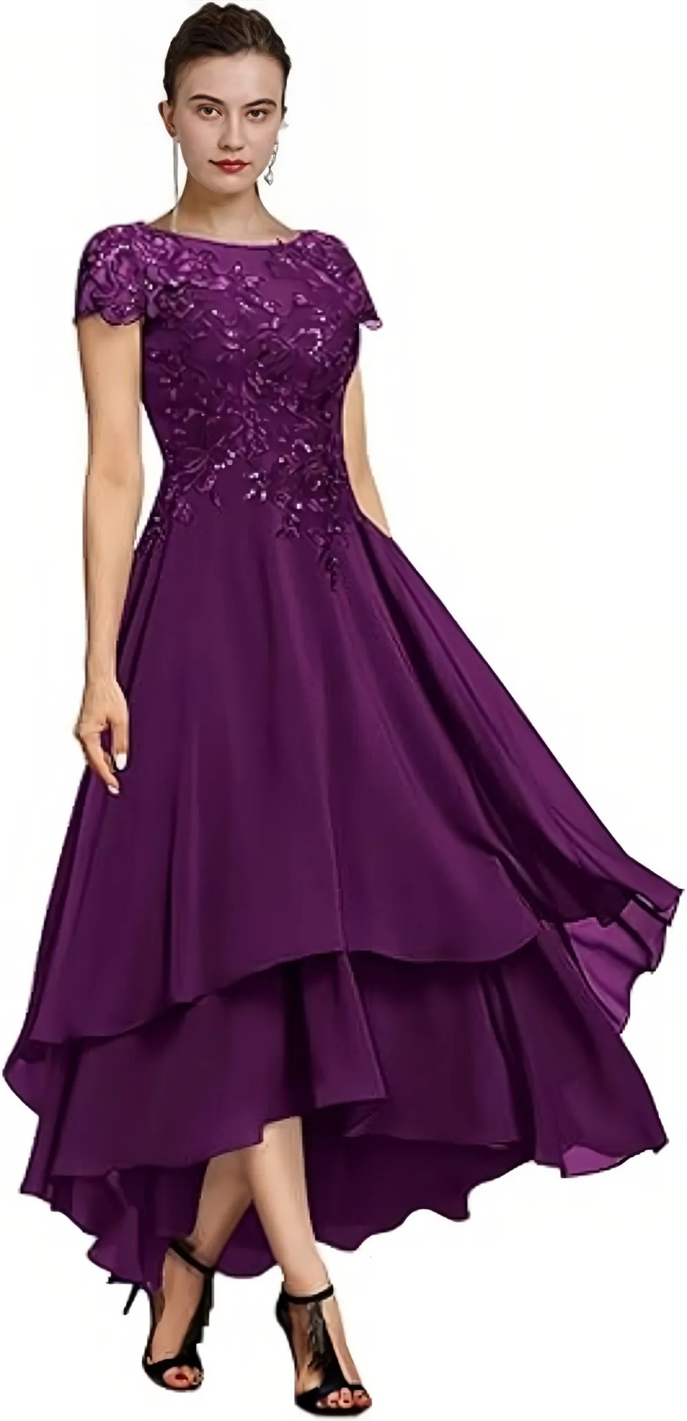 Mother Bride Dresses TXxuelian Lace Wedding Short Sleeve Ruffle Chiffon Evening Gown Tea Length Women Formal