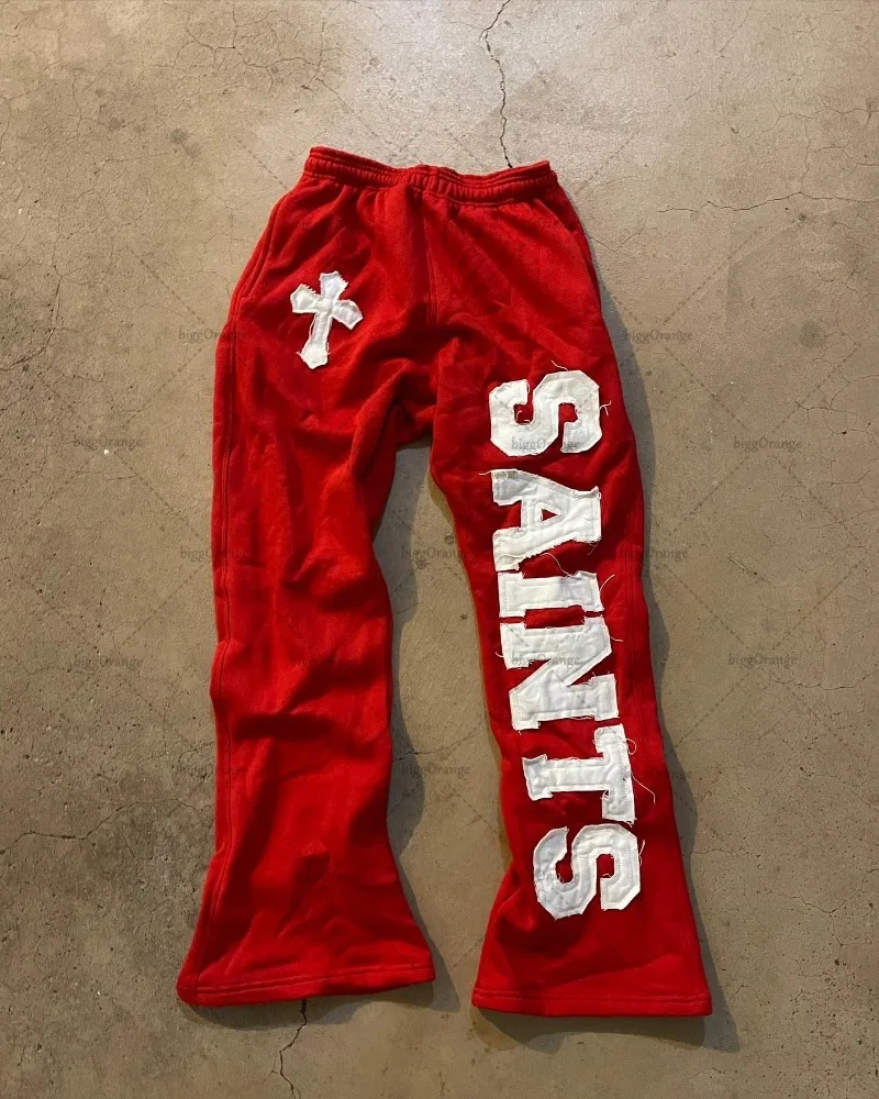 Y2k American Colorful Fashionable Wide-leg Pants Letter Embroidered Knitted Pants Men Retro Casual Oversized Trousers Women