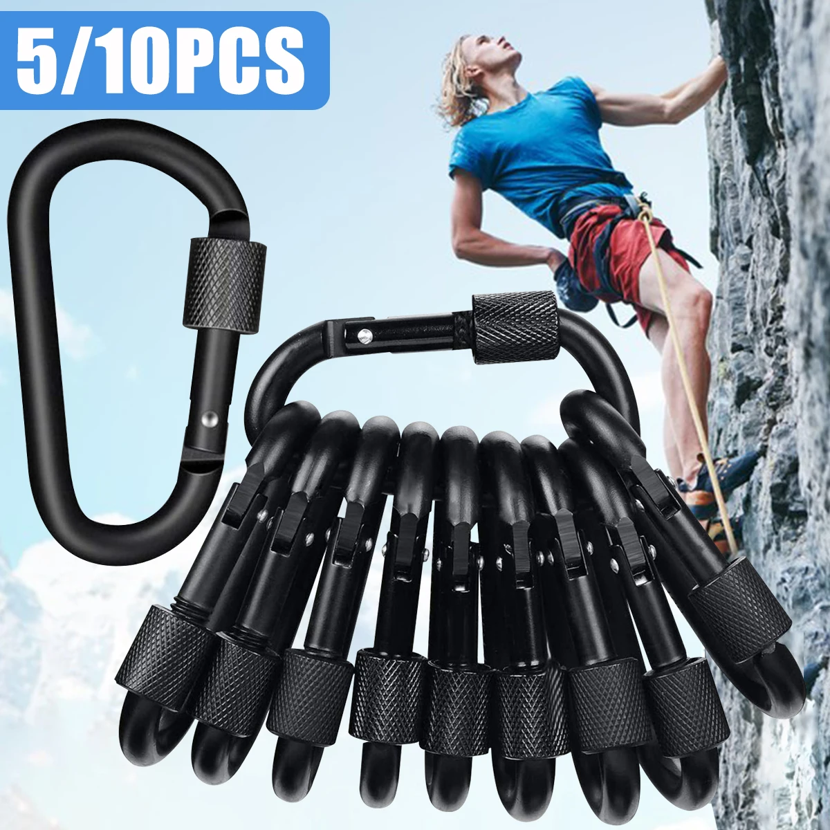 

5/10Pcs Locking Carabiner Clip Black Aluminum D-Ring Heavy Duty Buckle Spring Snap Screw Hook for for Hiking Camping Outdoor Use