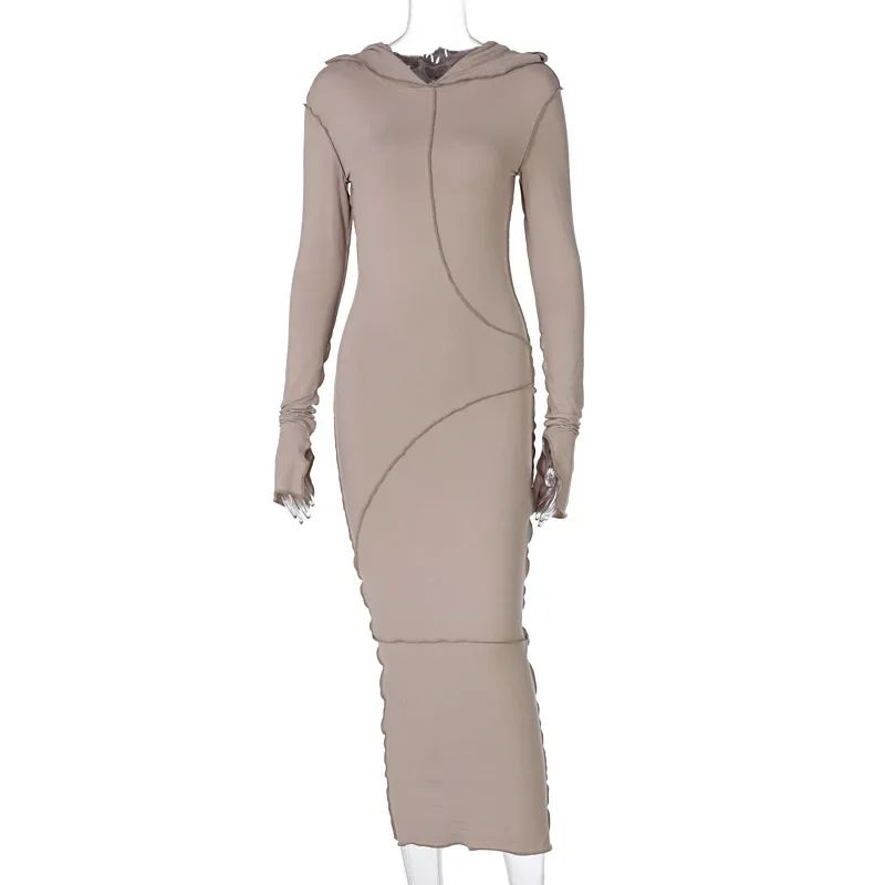 

2023 Fashion Winter Autumn Long Sleeve Hooded Patchwork Skinny Women's Bodycon Midi Dress Streetwear Outfits Dropshipping