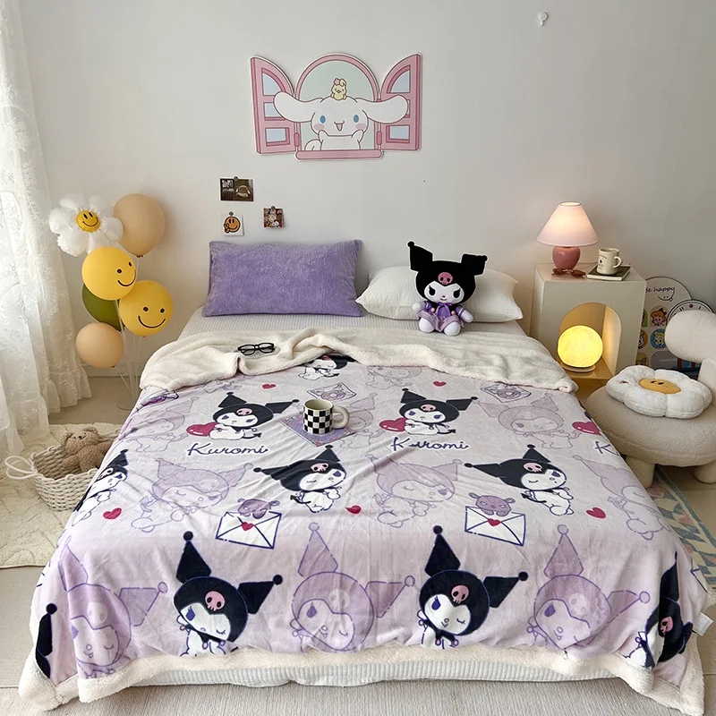 

Sanrio Kawaii Hello Kitty Lamb Fleece Blanket Girls Cartoon Anime Cinnamoroll Kuromi Multifunctional Nap Blanket Gift for Kids