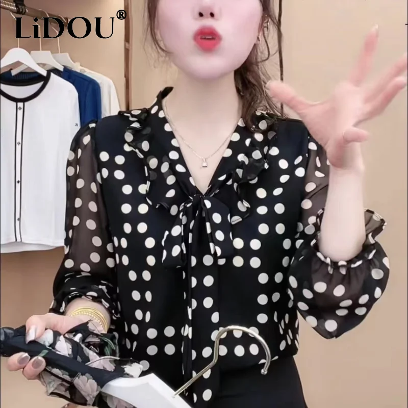 

2023 New Spring Summer Tops Women 3/4 Sleeve V-neck Pullover Printing Slim Bow Geometric Office Lady Fashion Korean Style Blouse