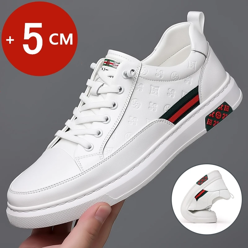 

New Men Flat/5cm Elevator Shoes Leisure Black Loafers White Soft Leather Moccasins Height Increase Taller Shoes Man Sneakers