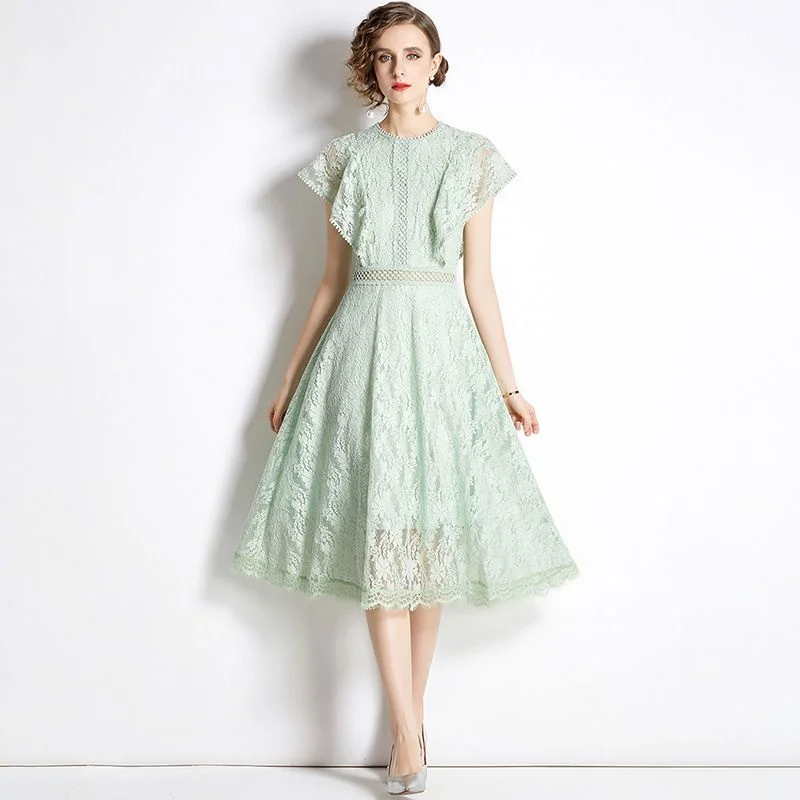 

European and American Style New Slim Fit Lace Women's Dress Solid Color Waist Cut Out Mid length Dress
