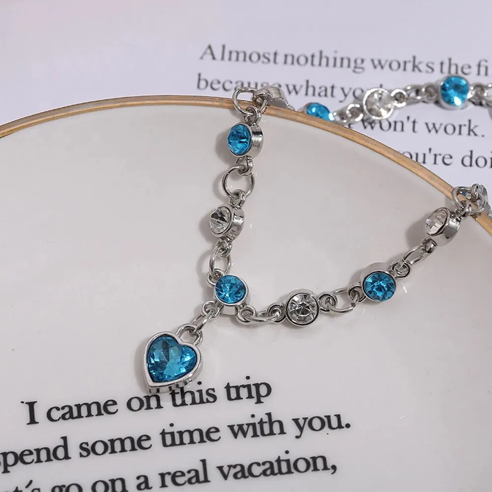 Women Lucky Bracelet Blue Crystal Heart Charm Bridal Wedding Engagement Fine Jewelry Gift