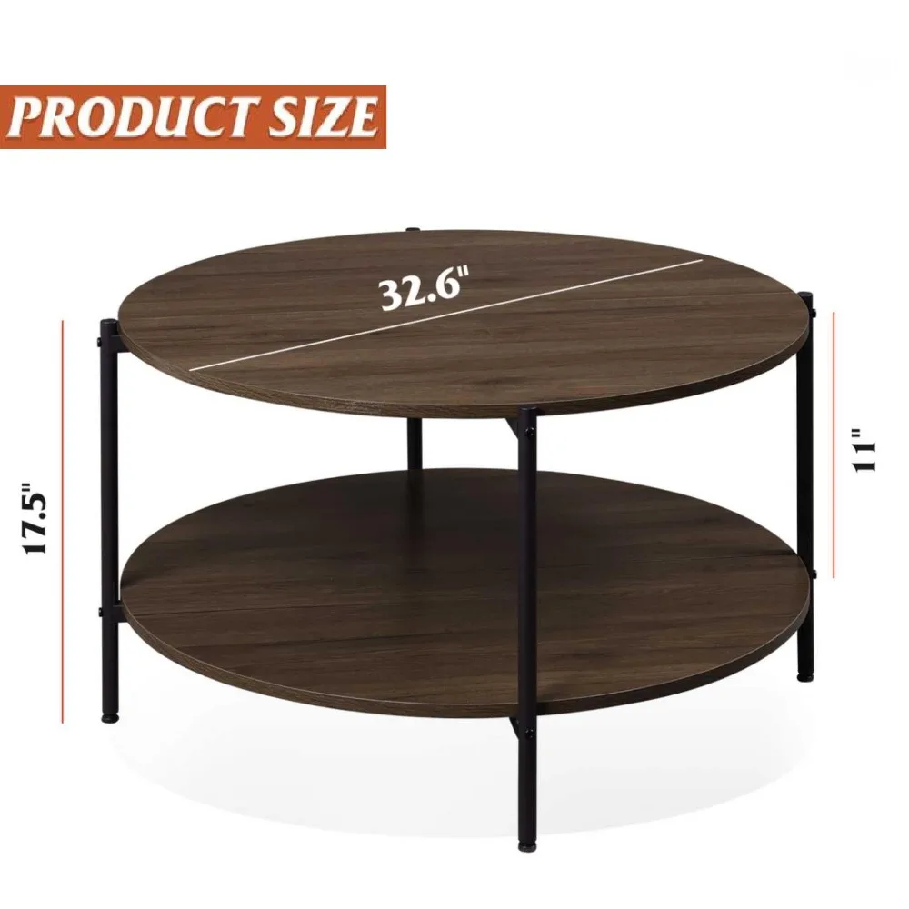 Round Coffee Table for Living Room, Small Coffee Table with Open Storage Shelf, 2-Tier Industrial Circle Wood Center Table 6