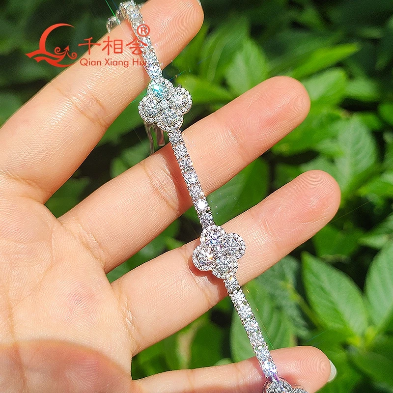 12mm Four Leaf Clover 3mm Tennis Bracelet S925 Sterling Silver  D vvs white Moissanite jewelry Men Women gift GRA  gift party