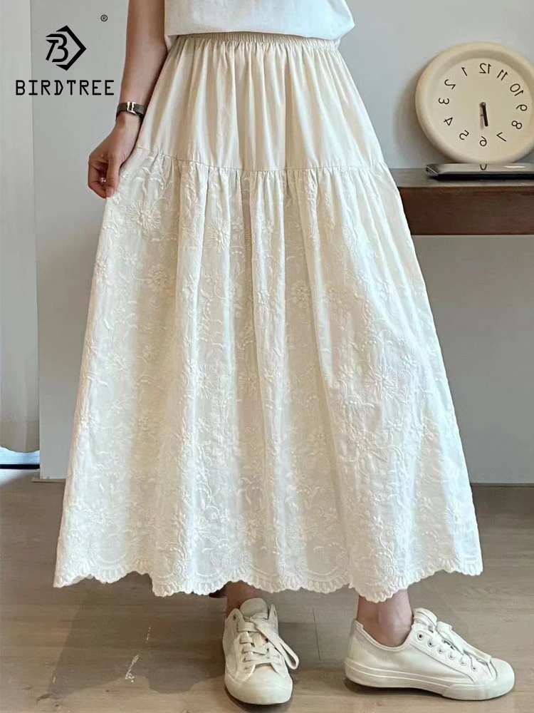 

New Spring Cotton Embroidery Skirt Women A-Line Elastic Waist Skirt Girl Versatile Casual Literature Skirt 2024 Summer B45226QC