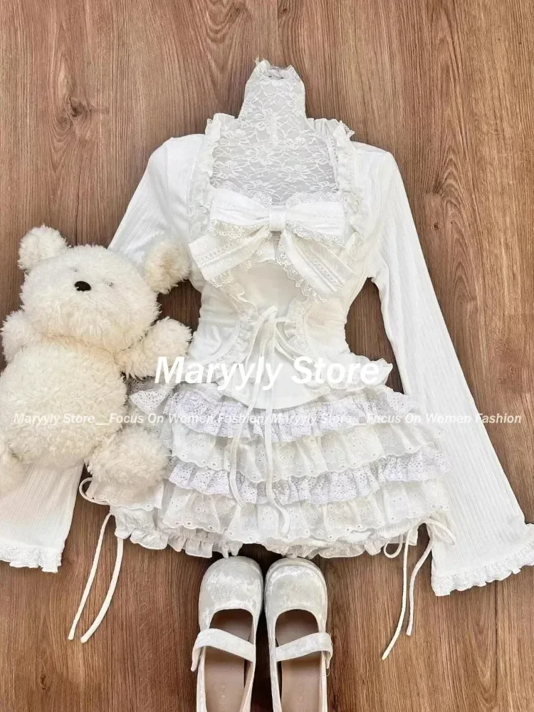 Autumn Winter New Elegant Sweet 3 Piece Sets Women Casual Y2k Cardigan Tops+ Cute Lace Bow Strap Vest+ Elastic Mini Cake Skirts 2